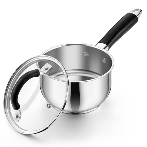 P&P CHEF 1 Quart Sauce Pan with Lid, Stainless Steel Saucepan, Small Milk Pot for Multipurpose Cooking, Visible Glass Lid & Stay-cool Silicone Handle & Tri-Ply Base, For All Stoves & Dishwasher Use