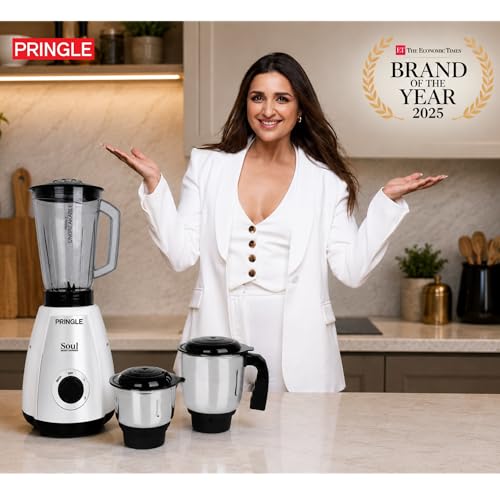 Image of Pringle Soul 650W 3 Jars Mixer Grinder | 5 Year Warranty | 45 Min Non Stop Running | 2 SS Jars (Wet & Dry Grind, Chutney Jar) 1 Juicing Jar | Copper Motor | SS Blades | White Silver