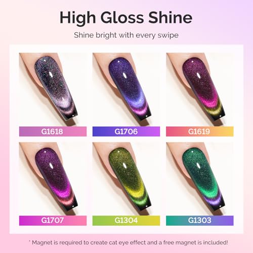 Image of MelodySusie 9D Chameleon Cat Eye Gel Nail Polish Set 6 PCS, 15ml 0.5 Fl Oz Red Rosy Pink Glitter Holographic Magnetic Nail Polish with Magnet, UV Nail Polish for Nail Art Manicure Salon DIY at Home