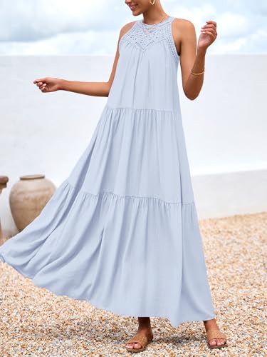 Image of BTFBM Halter Summer Dresses for Women 2026 Casual Spring Hollow Out Sleeveless Boho Sundresses Beach Vacation Maxi Dress