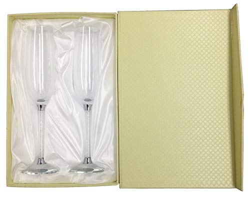 Amlong Crystal Champagne Flutes with Crystal Diamond stems Set of 2 Glasses