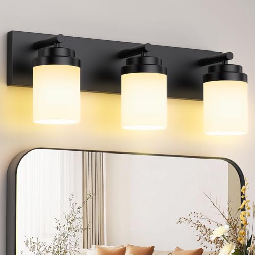 Image of IZORRO Bathroom Vanity Light Fixture, 3-Light 22 Inch Matte Black Bathroom Light Fixtures Over Mirror, with White Glass Shade, Modern Farmhouse Vanity Lights, Rustic Restroom Lighting Fixtures