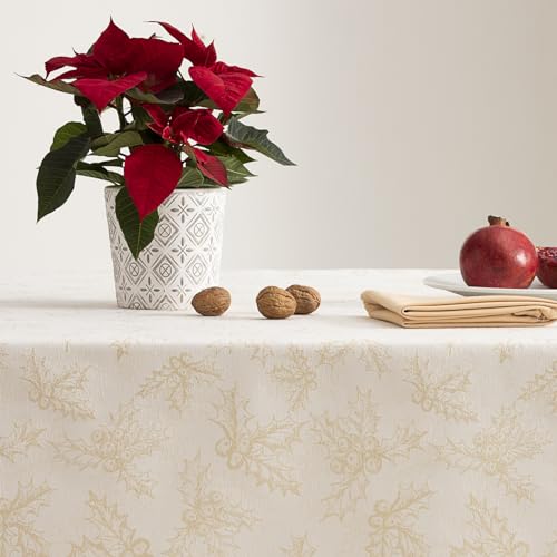 GAMUSI Tablecloth Christmas Jacquard Golden Thread Dining Table Rectangular Christmas Decoration 140 x 300 cm, Ecru - Image 4