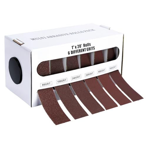 Zymuegist 6 Grits Emery Cloth Rolls Set with Dispenser 80/150/240/320/400/600 Grit Sandpaper Roll 1 x 20 Ft Abrasive Sandpaper Wet and Dry for Metal Wood Furniture Polishing (6 Grits)