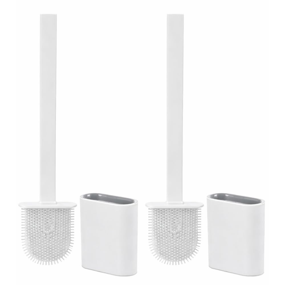 eMKay® PACK OF 2 SILICONE TOILET BRUSH & HOLDER | FLEXIBLE SILICONE TOILET CLEANER | QUICK DRY HYGIENIC TOILET BRUSHES | WALL MOUNTED OR FLOOR STANDING | MODERN BATHROOM ACCESSORY (2, WHITE)