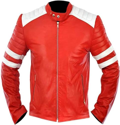 Mens MAYHEM Fight Hybrid Brad Retro Biker White Stripes Red White Inspired Fight Club Movie Tops Leather Motorcycle Jacket