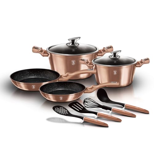 Berlinger Haus Rose Gold Batería Cocina Inducción 10 Piezas, Antiadherente Mármol sin PFOA, Aluminio, 2 Cazuelas 2 Tapas Cristal, 2 Sartenes, 4 Utensilios, Metallic Line Vitrocerámica Oro Rosa BH-6142