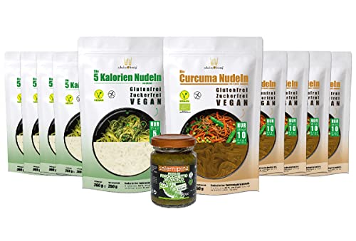 5x 5 Kalorien Nudeln 250g | 5x Bio Curcuma Nudeln 250g | 1x Pesto mit wildem Fenchel 90g | vegan | kalorienarm | glutenfrei | SCHULTZ UND KÖNIG Cover