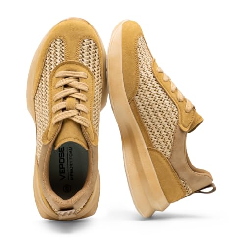 Image of Vepose Women's Retro Platform Sneakers Lightweight Lace Up Walking Shoes | Designer dressy chunky sneakers, memory foam cushioning, non slip sole, stylish woven or PU looks, work, travel, errands
