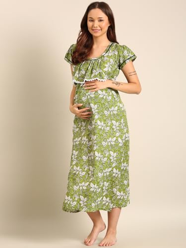 Image of Rupa Jon Aishwarya Women Full Length Maternity Night Dress in Cotton Blend Fabric, Maxi Nighty, Pregnancy Night Dress for Nursing, Pre and Post Pregnancy