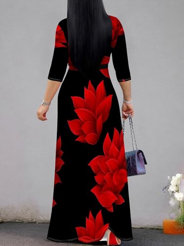 Image of Plus Size Maxi Dress for Women V Neck 3 /4 Sleeve Wrap Dress