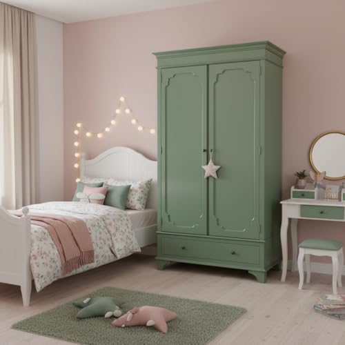 Image of APRODZ Mango Wood 2 Door Wardrobe for Bedroom Living Room | Wooden Almirah with 1 Drawer, Hanging Rod & Shelves | Modular Clothes Cupboard, Storage Organizer Cabinet Furniture for Home (Khaki Green)