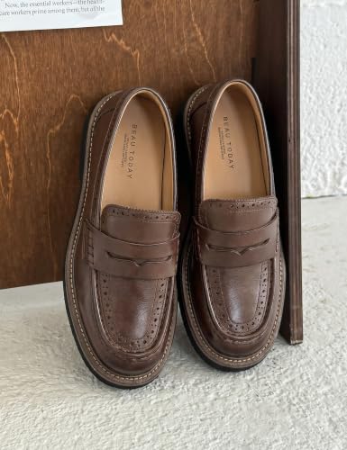Image of BEAU TODAY Womens Leather Penny Loafers, Slip On Loafer Flats