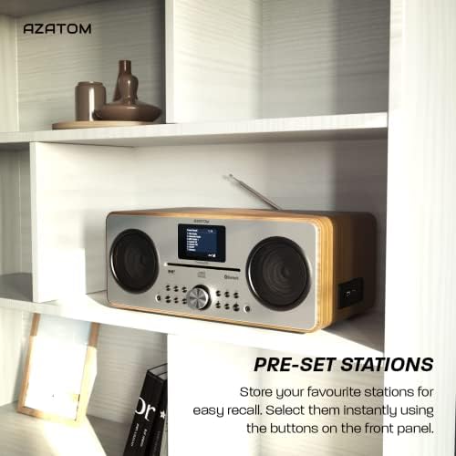 DAB DAB+ Digital FM Radio, CD player, Bluetooth Stereo Speaker System, USB charger, USB MP3 player, Premium Sound, Alarm, Equalizer, Remote Control (AZATOM Trinity WALNUT)