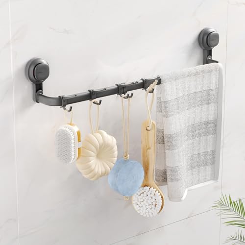 Luxear Soporte para Toallas Sin Taladrar, Barra para Toallas Ajustable 30cm/60cm con Ventosa para Baño y Cocina, 5 Ganchos Extraíbles, Portatoallas con Capacidad Máx 10KG, Toallero de Pared/Ducha-Gris