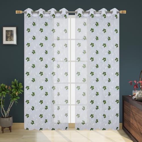 Image of Embroidered Floral Sheer Net Curtain for Window - 5x4 Feet - Transparent Green Net Curtain - Pack of 1 - Elegant Lightweight Decor for Living Room & Bedroom