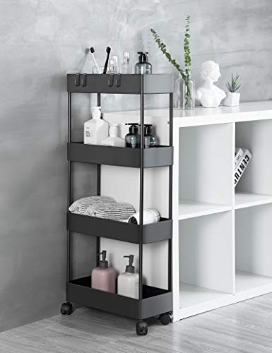 BASSTOP Storage Cart 4 Tier Bathroom Storage Organizer Rolling Utility Cart, Slide Out Storage Shelves Mobile Shelving Unit for Bathroom Kitchen Bedroom Laundry Narrow Places, Black