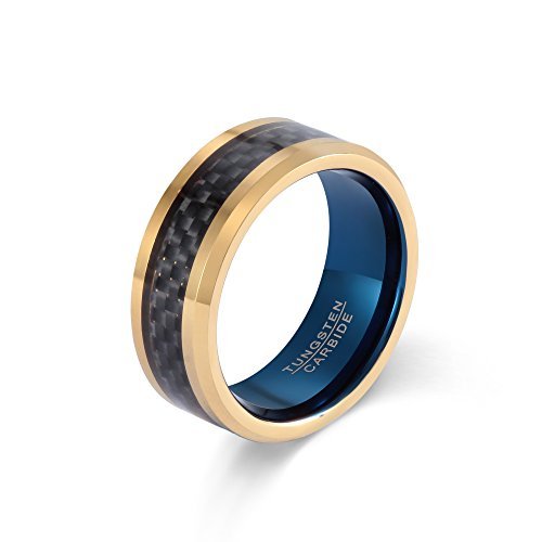 POYA8mm Tungsten Ring with Black Carbon Fiber Inlay Gold Beveled Edge Blue Interior Comfort Fit (9.5)