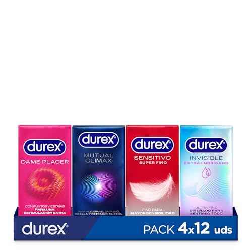 Durex Preservativos Dame Placer + Sensitivos Contacto Total + Mutual Climax + Invisible, Total 48 condones