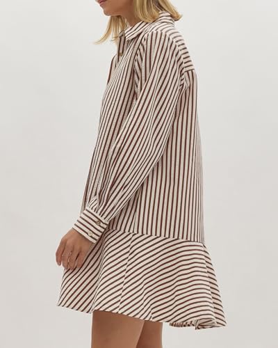 Image of YEXPINE Womens Striped Shirt Mini Dress Long Sleeve Collared Flowy Swing Ruffle Hem Button Up Tunic Dresses