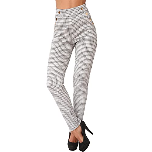 Candygirls Pantalón térmico para mujer, a cuadros, cintura alta, elástico, polainas, golpe 831, Blanco, X-Large-XX-Large Cover