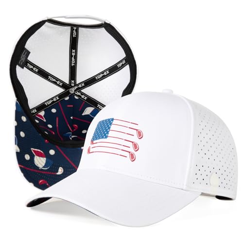 UvCoolix Cooling Sweatband USA Flag Golf Club Snapback Hat Patriotic Baseball Cap Printed Under Visor Tee Holder Breathable Laser Vent UV50+ Sun Protection Water Resistant Reduce Heat White XL/XXL
