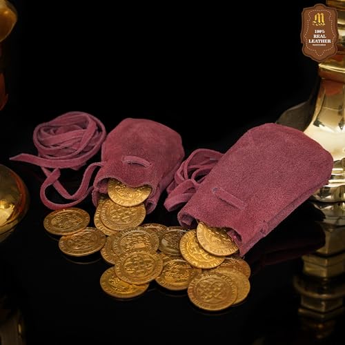 Image of Mythrojan Pack of 25 Small Trinket Pouches Suede Leather Drawstring Coin & Dice Bags for LARP, SCA, Viking & Medieval Events, Color : Wine Red