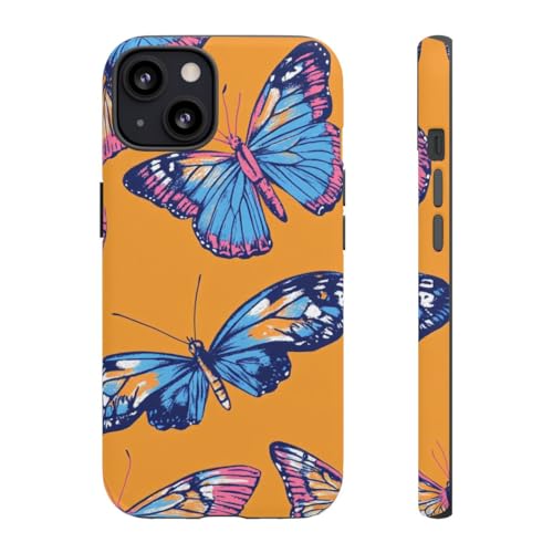 Coque rigide iPhone 13 papillons bleus et roses fond orange mat