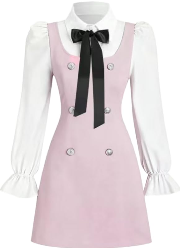 Image of Women Short Dresses 2 In 1 Colorblock Turndown Collar Lantern Sleeve Black Suit Cute Dress