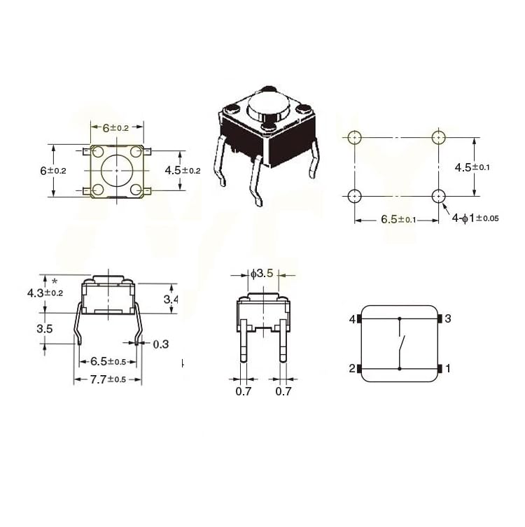 Miniatura 2 de 20 interruptores táctiles B3F-1000, interruptor táctil momentáneo, SPST-NO, 50mA 24VDC 6X6X4.0.118 in