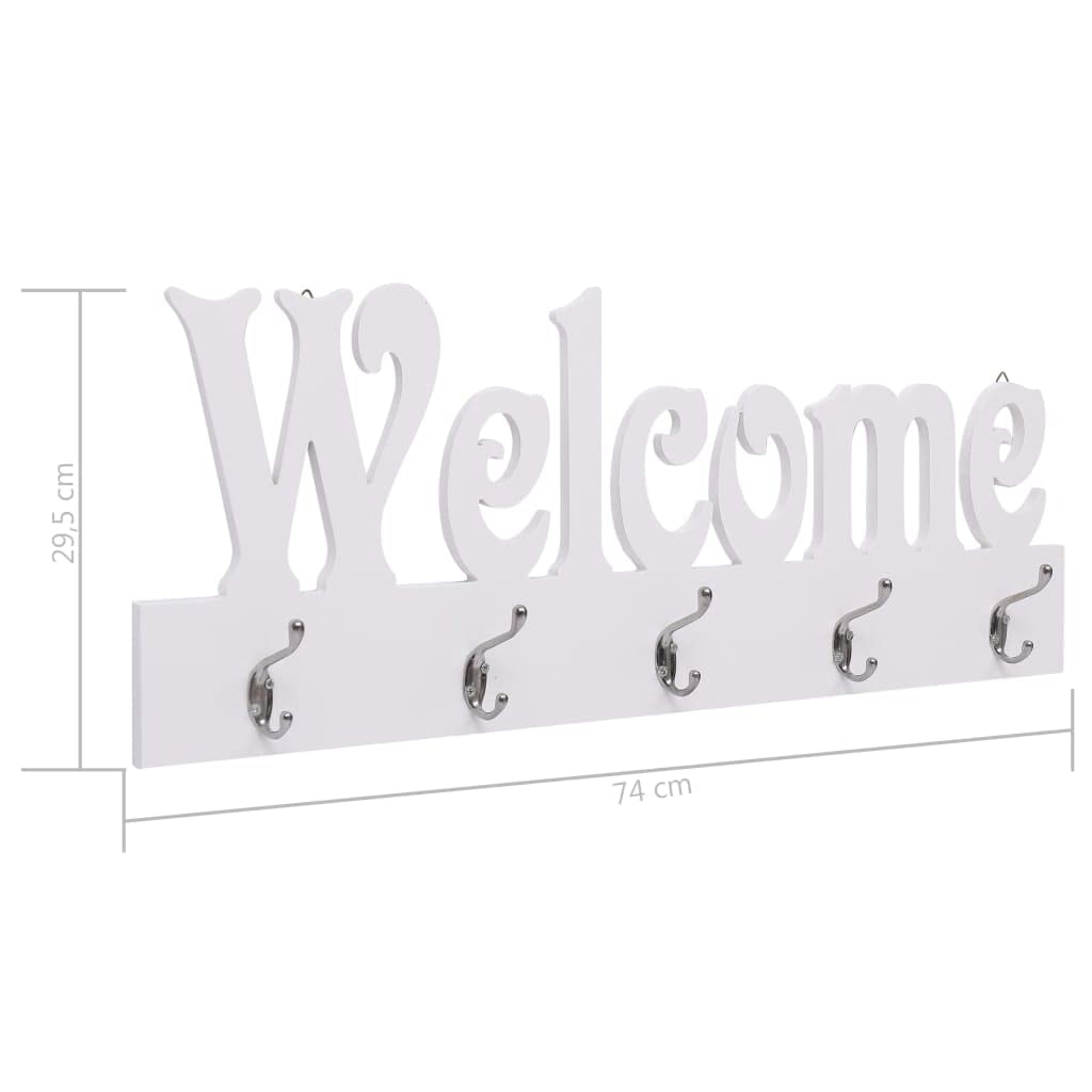 Porte-manteau mural WELCOME blanc en MDF, 74 x 29,5 cm, avec 5 crochets en cuivre, pour couloir, entrée, rangement pour veste, manteau, clés, poche