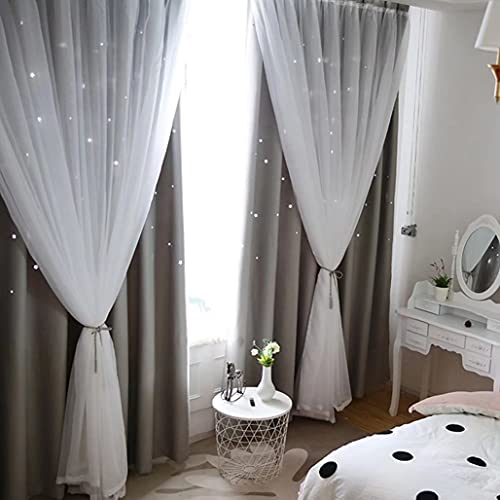 姫系 カーテン 遮光 グラデーション レースカーテン 遮像 目隠し 二重カーテン おしゃれ 星柄 透かし彫り 1.5倍ヒダ アジャスターフック付き 厚地 遮熱 断熱 出インテリア 女のこ 子供部屋 窓 小窓 腰窓 掃き出し窓 引っ越し お祝い グレー【幅100cm*丈200cm*2枚 両開き】 YKFN [2]