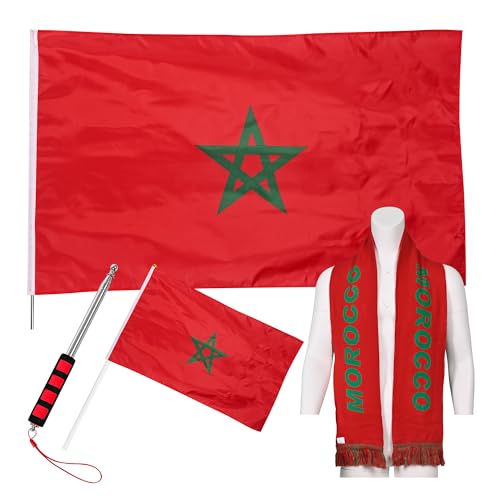 JAY CROFT Morocco Knitted Country Flag Scarf with Body Flag Hand Flag and Telescopic Flagpole Football Soccer Supporter Gear for Men Women