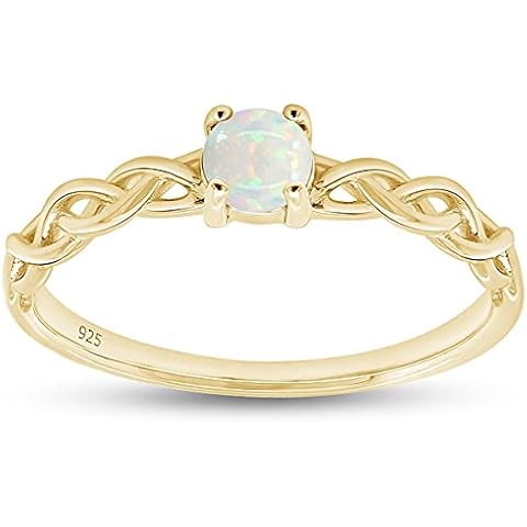 AFFY 14k Yellow Gold Over Sterling Silver 4MM Round Cut Created Opal Solitaire Braided Crisscross Engagement Promise Ring Jewelry For Women Size -7 Cover