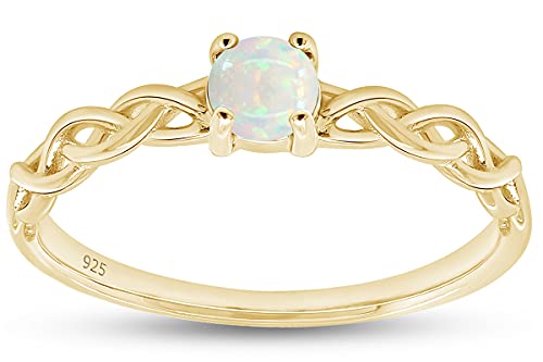 AFFY 14k Gold Over Sterling Silver 4MM Round Cut Created Opal Solitaire Braided Crisscross Engagement Promise Ring Jewelry For Women