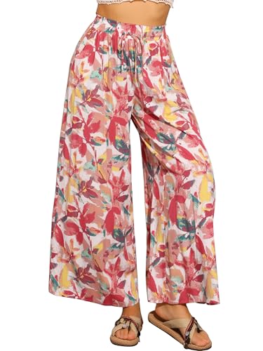 Allegra K Tropical Pants for Women's Boho Elastic Waisted Flare Palazzo Wide Leg Pants