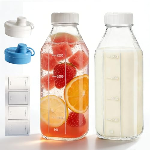 PEEXTBB Bouteilles en Verre avec Bouchon, 2 Pièces 1 Litre Récipients à Laits en Verre avec Graduations, Bouteille du Lait avec Bec Verseur, pour Lait...