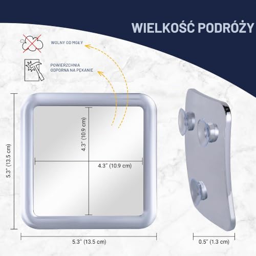 MIRRORVANA Lustro prysznicowe przeciwmgielne z potrójną przyssawką - Nietłukące się plastikowe lustro łazienkowe do golenia i brody - 13,5 cm x 13,5 cm (chrom) Shower Mirror