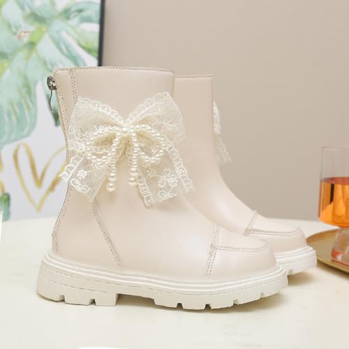 Girl's Cute Bow Leather Zipper Mid Calf Combat Boots Solid Color Riding Boots Fall Winter Fashion Shoes4