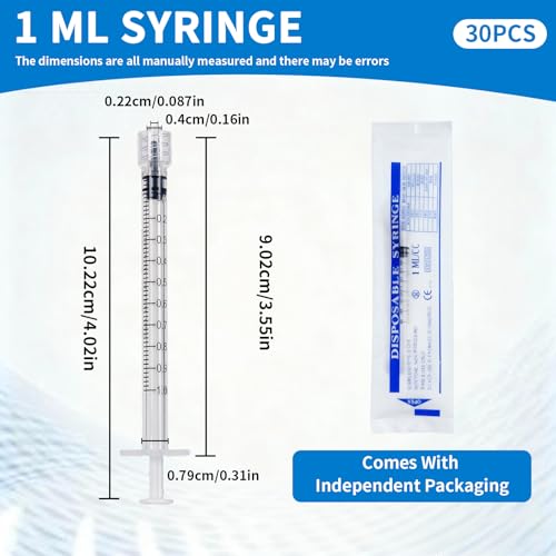 30 Stück Luer Lock Spritze, Unabhängige Verpackung 1ml Spritzen mit Kappen, Steril Injektionsspritze, Plastikspritze Ohne Nadel für Nachfüllen und Messen von Flüssigkeiten, Labors, Haustierfütterung