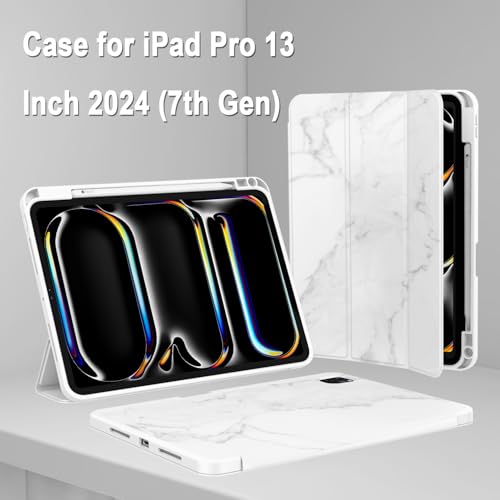 Image of ZryXal New iPad Pro 13 Inch Case (M5) 2025 / (M4) 2024 with Pencil Holder, Smart iPad Case [Support Pencil Pro and Pencil (USB-C)], Support Touch ID and Auto Wake /Sleep (Marble White)