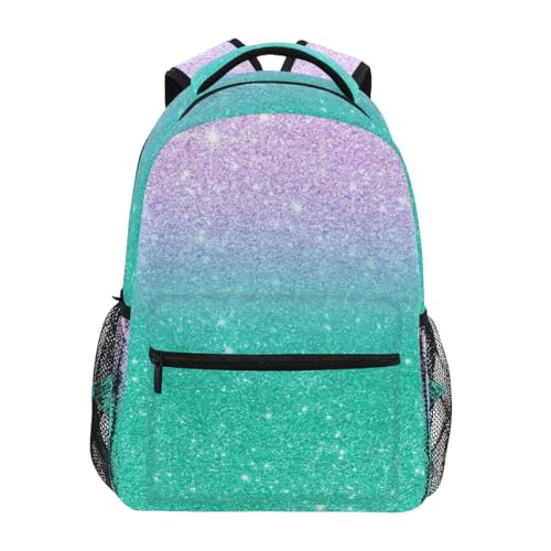 Purple Teal Aqua Glitter Gradient School Backpack, 15L Name Tag School Bags for Girls, Durable Comfy Straps, Multi Pocket, S