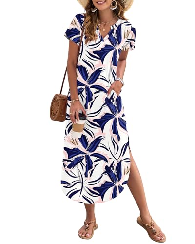 Image of MISFAY Women's Summer Maxi Dress 2026 Casual Short Sleeves V Neck Loose Sundress Split Long Beach T Shirt Dress
