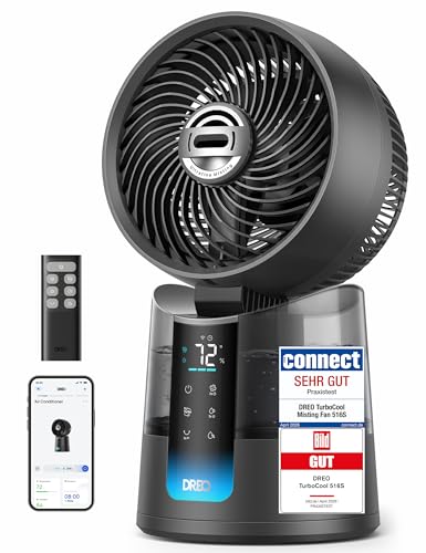 DREO TurboCool Nebelventilator 516S Tischventilator mit 150+30 Oszillation Verdunstungskühler 7.9 m/s ultrafeiner Nebel 20 dB leise 6 Geschwindigkeiten 2 Modi App- & Fernbedienung RGB grau