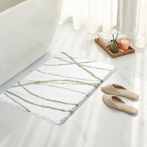 Tititex Luxury White Sage Green Curve Line Bathroom Rug, 16x24 inch Extra Soft and Absorbent Microfiber Bath Rugs, Non-Slip Plush Shaggy Bath Carpet, Bath Mats for Bathroom Floor, Tub and Shower Cover