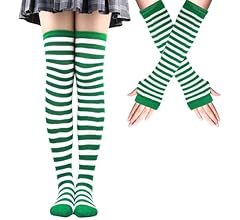 Strped Long Arm Warmer Fngerless Gloves, Knee Hgh Socks Set, Punk