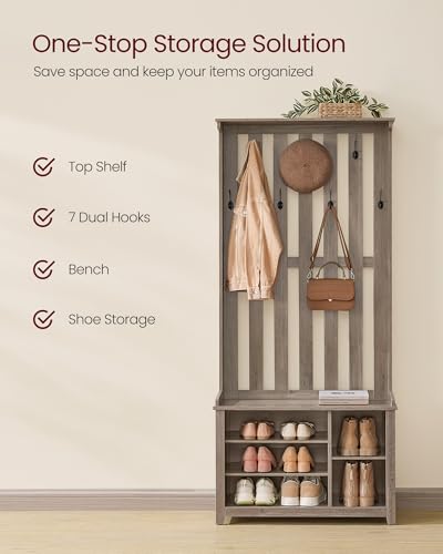 Image of VASAGLE Hall Tree with Bench and Shoe Storage, Coat Rack with Shoe Bench, 7 Double Hooks for Jackets, Hats, Entryway, Bedroom, Living Room, 13.8 x 31.9 x 70.9 Inches, Heather Greige UHSR414G01