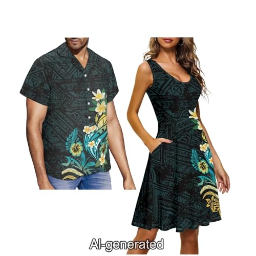 Image of Dreaweet Summer Dresses for Women A-Line Sleeveless Flowy Sun Dresses,Men's Casual Button-Down Shirts,Couple Matching Outfits