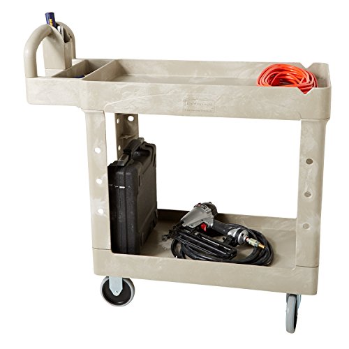 Image of BRUTE Heavy Duty 2-Shelf Utility /Service Cart, Small, Lipped Shelves, Ergonomic Handle, 500 lbs. Capacity, Beige, for Warehouse /Garage /Cleaning /Maintenance