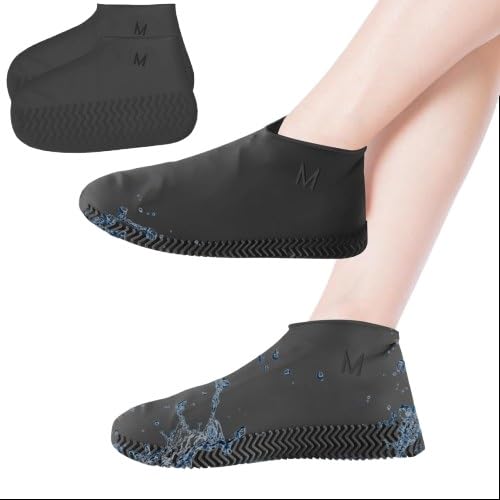 1 Pair Waterproof Shoe Covers,Reusable Foldable Not-Slip Rain Shoe Covers,Portable Water Resistant Overshoe,Shoes Protectors Overshoes Rain for Kids,Men and Women (Black, Medium)